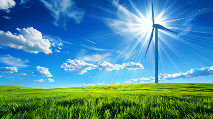 A wind turbine spinning in a green field with a sunny sky background