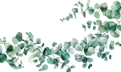 Wall Mural - Herbal Eucalyptus Leaves Frame: Isolated on White Transparent Background, PNG, Minimalist Greenery Wedding Invitation, Watercolor Style Card