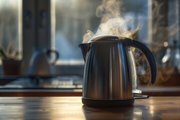 Wall Mural - A kettle sitting on a wooden counter, ready for use