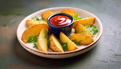 Wall Mural - Fried potato wedges with ketchup and greens. Tasty food for dinner. Cooking and culinary concept.