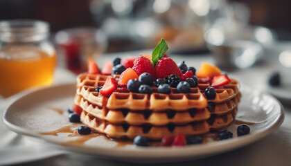 Wall Mural - honey waffle made with delicious seasonal fruits, on the restaurant table