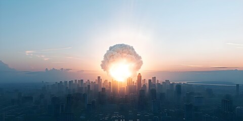 Mushroom cloud above city skyline after nuclear bomb detonation. Concept Disaster, Nuclear Fallout, Apocalypse, Urban Destruction, Environmental Impact