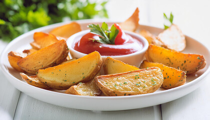 Wall Mural - Fried potato wedges with ketchup and greens. Tasty food for dinner. Cooking and culinary concept.