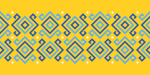 Wall Mural -  Repeating seamless border pattern, Ukrainian ethnic traditional embroidery vyshyvanka design, vector illustration, flat style, blue and yellow colors