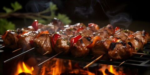 Wall Mural - Sizzling Spicy Shish Kebabs on Skewers Flavorful and Hot. Concept Grilled Recipes, Summer BBQ, Food Photography, Spicy Flavors, Skewered Delights