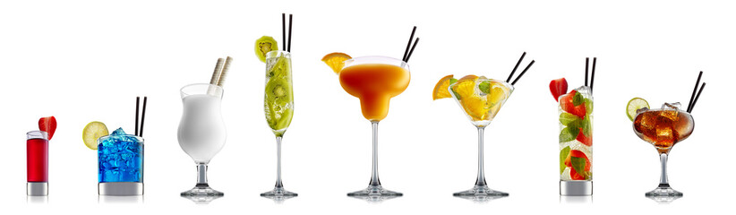 Wall Mural - Set of cocktails with decoration from fruits isolated on white background