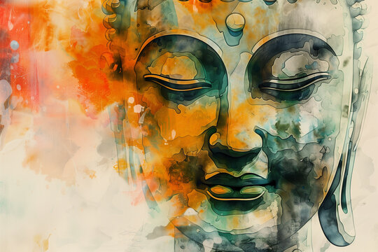 illustration of Buddha statue face with abstract background