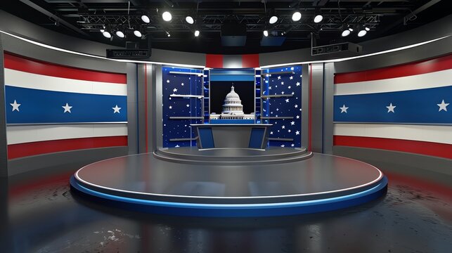 news graphic white virtual studio design for a USA election, featuring stripes in blue, red, and white glass, along with glass stars, the over look studio need to be white, on the