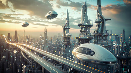 Wall Mural - Futuristic flying vehicles above a futuristic city