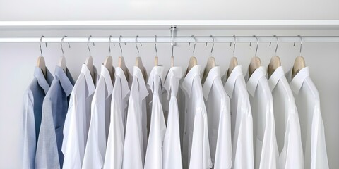 Wall Mural - Neat Wardrobe Display with Freshly Cleaned Hangers on White Background. Concept Organized Clothing, Clean and Crisp, White Background, Wardrobe Staples, Hanger Aesthetics