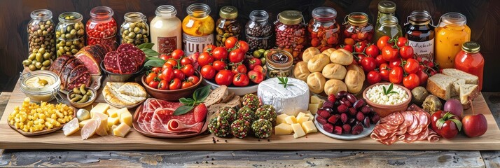 A wooden table is laden with a delectable array of Christmas appetizers, featuring various cheeses, meats, breads, fruits, and vegetables
