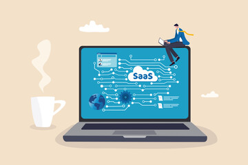 SaaS software as a service, cloud computing software for client subscription, internet web application online platform provider concept, businessman working with computer laptop on SaaS screen.