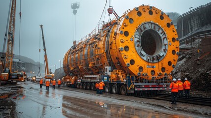 Wall Mural - Massive Tunnel Boring Machine Being Transported. Massive tunnel boring machine being transported at a construction site, with workers in safety gear overseeing the process.