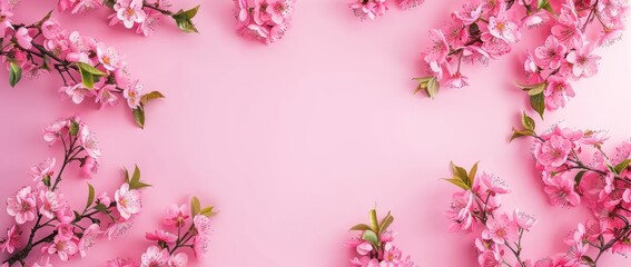 Wall Mural - Pink floral border frame on pink background with copy space, flat lay, top view