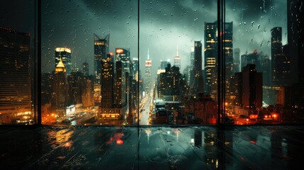 Blurry cityscape through rainy window