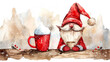 © Kateryna Kordubailo - Watercolor Christmas gnome and red mug on the snow background, greeting card concept