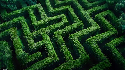 Wall Mural - An abstract aerial design of chevron pathways in a lush green maze garden. The vibrant green hedges and chevron paths create a dynamic and visually engaging pattern from above. 