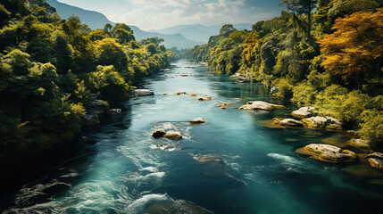 Wall Mural - Beautiful Tranquil River Flowing Through Verdant Forest Aerial View Of Landscape Background