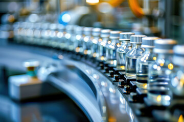 Pharmaceutical manufacturing line is producing vials filled with liquid,  in a modern factory