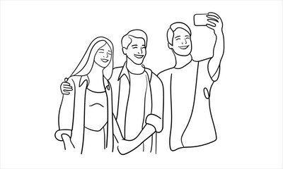 Wall Mural - Three friends taking pictures, teenagers hugging continuous line art drawing isolated on white background. Vector illustration