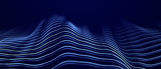 Fototapete - Abstract blue background of points. Wave of lines. Cyber particles. Big data stream. 3d rendering