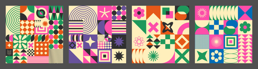 Abstract simple geometric seamless pattern with figure, form, shapes, circle and lines in retro style. Vibrant grunge geometry brutalism y2k 2000s print. Modern collage vector illustration