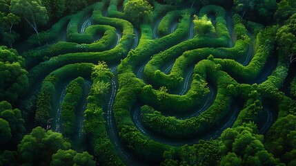 Wall Mural - An aerial shot of chevron pathways winding through a lush green maze garden. The design features vibrant green hedges and clear chevron paths, creating a visually captivating pattern. 