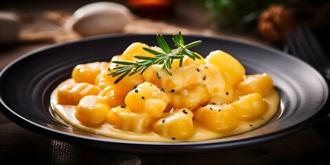 Wall Mural - Savor the Flavor Soft Gnocchi with Sorrentina Sauce on a Plate. Concept Gnocchi Recipes, Sorrentina Sauce, Italian Cuisine, Food Presentation, Flavorful Dishes