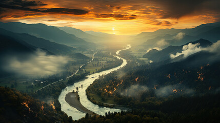 Wall Mural - A Beautiful River Flowing During At A Sunrise A Aerial View Landscape Background