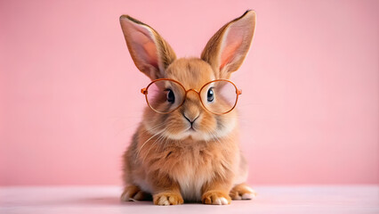 Red-brown cute baby rabbit wearing glasses sitting on pink background. Lovely action of young brown rabbit.