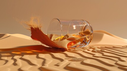 3D rendering of a glass turning into sand as it spills alcohol symbolizing the eroding effects of alcohol over time