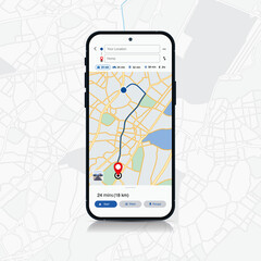 Smartphone Map App with GPS Navigation and Red Marker Pin Point on Screen. Vector Illustration of Map Application, City Navigation Maps, and Location Tracking.