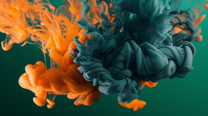 Wall Mural - Orange and Dark green liquid ink churning together, with a realistic texture