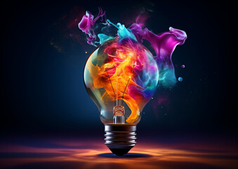 Wall Mural - Colorful Lightbulb with Abstract Smoke on Dark Background