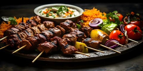 Wall Mural - Traditional Arabic Grilled Dishes and Kebabs A Menu of Delightful Options. Concept Grilled Meats, Middle Eastern Cuisine, Traditional Recipes, Barbecue Delights, Delicious Kebabs