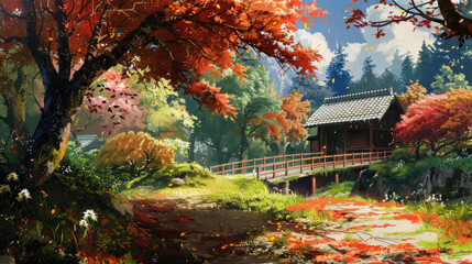 illustration art garden of autumn style art anime