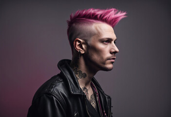 Wall Mural - portrait of a man in a punk outfit with dark pink hair shaved on the side, isolated white background