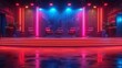 © svastix - This image features a modern stage with vibrant neon lights and red accents, creating a striking look for high-tech presentations or events