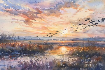 Wall Mural - a watercolor scene of migratory birds at dawn in a wetland