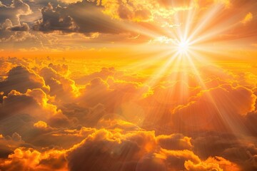 Wall Mural - Sun Shining. Beautiful Sunset Sky Scenic with Sunbeam Through Clouds