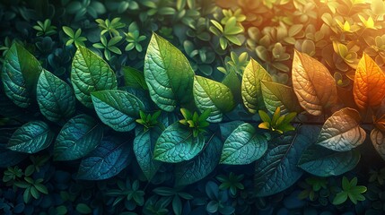 Eco-themed background with arrows made of leaves and nature elements. The vibrant green arrows are formed from various leaves and plants, creating an environmentally friendly scene. 