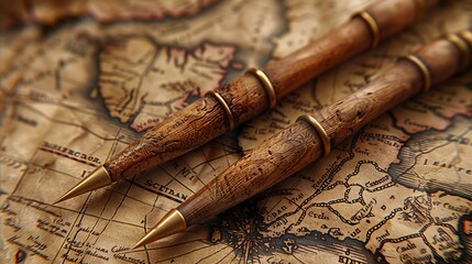 Wall Mural - Rustic wooden arrows on a vintage map background, creating a travel-themed scene. The map features intricate details and sepia tones, while the wooden arrows evoke a sense of exploration and adventure