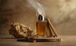 © Steve  - Arabian agarwood perfume with Incense Chips on beige background, arabian out Transparent perfume bottle near the aged weathered wooden snag and stones. Perfume with woody notes concept.