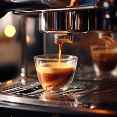 Professional coffee machine making cappuccino in cafe, closeup