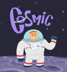 Wall Mural - astronaut cartoon background character space exploring standing and pointing