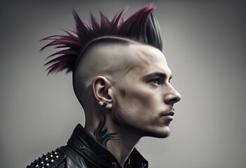 Wall Mural - portrait of a man in a punk outfit with hair shaved on the side, isolated white background