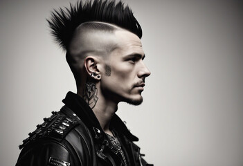 Wall Mural - portrait of a man in a punk outfit with hair shaved on the side, isolated white background