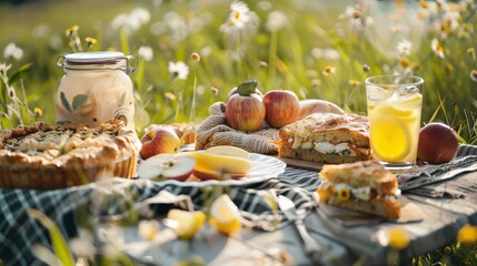 A rustic picnic with homemade sandwiches, apple pie, and lemonade, set in a picturesque countryside location.