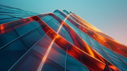 Poster - Futuristic Skyscraper with Curved Glass Windows and Captivating Low-Angle 3D Rendering