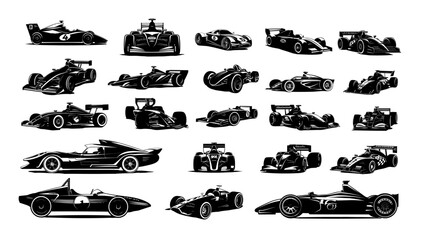 Canvas Print - Formula one black silhouettes vector set. Sports cars royal race different angles championship track engine super powerful four wheel competition vehicles isolated on white background